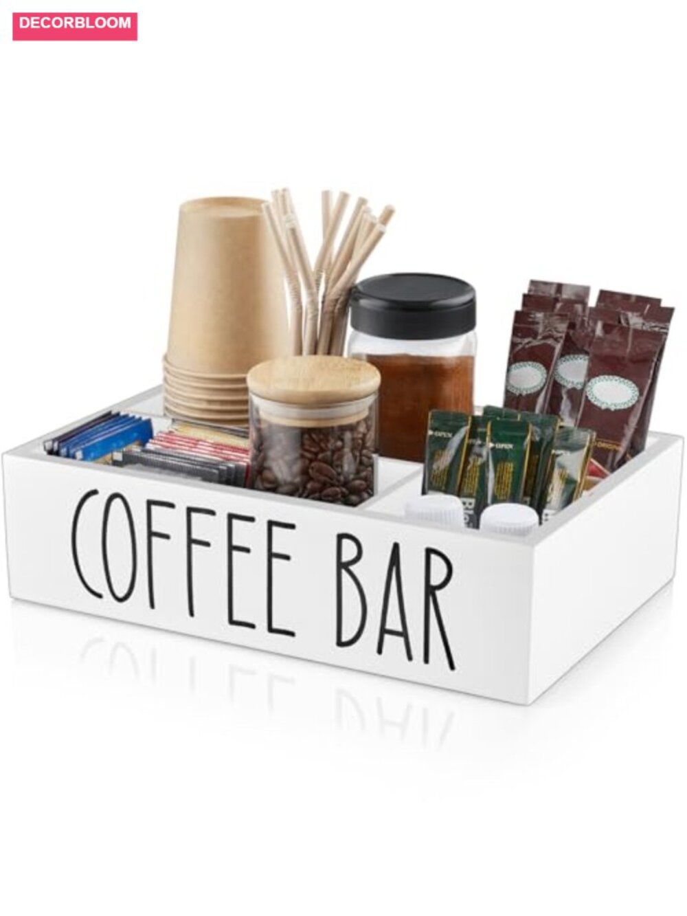 White Coffee Pod Organizer with Removable Dividers Wooden Countertop Storage